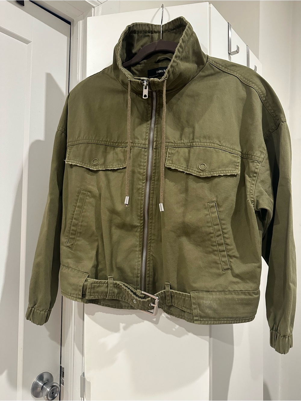 Zara Olive Green Cropped Funnel Neck Jacket (cropped cargo jacket)